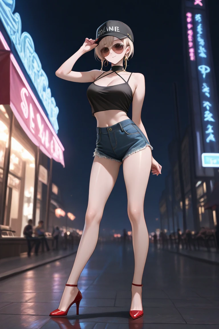 1girl, solo, monster girl, wing, furry, dear-antlers, from below, full body, standing, spread legs, holding bag, detailed eyes, detailed face, light brown hair, pixie cut, blank eyes, (masterpiece, best quality:1.1), (oiled skin:1.2), Sleazy brothel, urban slums, neon-lit streets, decrepit buildings, clandestine dealings, confident, modern clothing, cropped halter top, fringe skirt, ankle strap heels, small breasts