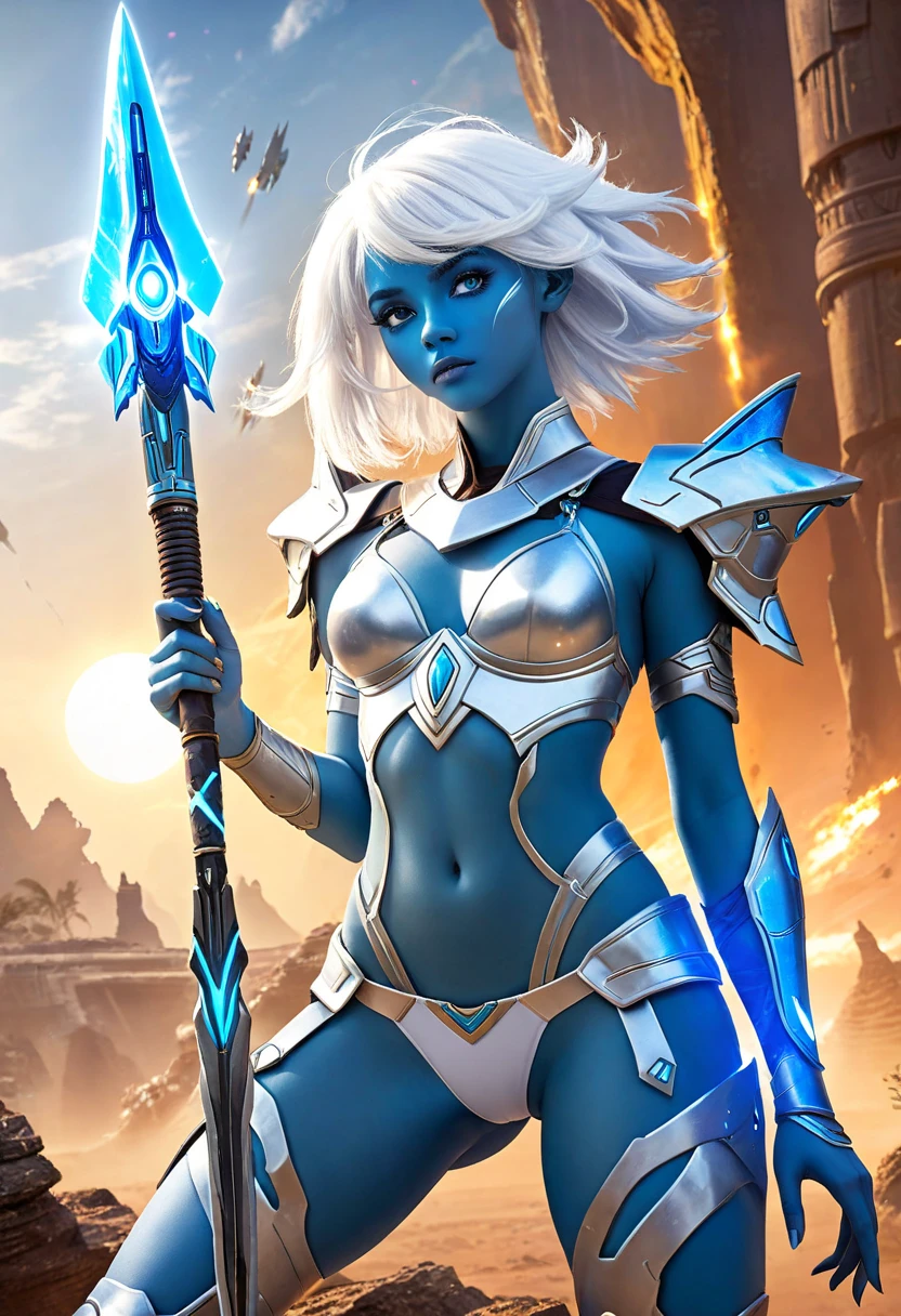 (Emily Rudd:Alicia Vikander) A close up of an supernaturally beautiful and enchanting Atlantean Barbarian War Goddess with a legendary magical spear and angrily shouting in fury. She is skinny dipping in shallow waves in a dark underground sea cave lit only with oceanic bioluminescence that washes over her perfect, irresistible body. Glowing magical golden minimalistic anime-style female battle armor. Her tan skin shimmers with scales. She is athletic, slender, fit, toned, lean, and very muscular with a thin waist and slim hips. She has deeply tanned skin and flowing, lustrous hair. Her large, vibrant, glowing turquoise Asian eyes lock intensely onto the viewer with a predatory, otherworldly allure. She has intricate aquatic-inspired tattoos across her body. Her face has painted designs. Swirling deep shadows.