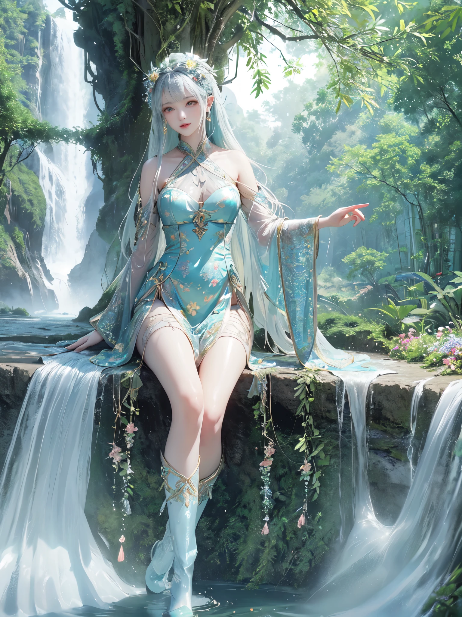 Tia is shown to have a fairly slender figure. She has white-grey hair , she has short hair and large pale green eyes, The girl enjoys the wonderful view of the waterfall and the surrounding landscape, and this can reflect on her face different expressions such as amazement, joy or peace. You may wear clothing that matches the surrounding nature, such as comfortable sportswear or a colorful traditional outfit. The girl may be standing conservatively at the edge of the waterfall, with the wind-blown stream of water hitting her face. They may be holding on to something to give them stability on the wet ground. The natural details around it can also be surprising, such as the green plants, rocks and flowers that surround the place. For the situation, the environment may be full of light and bright colors, making the picture look realistic and beautiful. The raging waterfall and the spray flying in the air give the scene an atmosphere of liveliness and movement, and there may be a rainbow in the background that adds to the beauty of the scene., cleavage exposed, big breasts, superior quality, many details, Puri focus Sharp and realistic,detailed face, detailed hands, detailed eys, arabian style