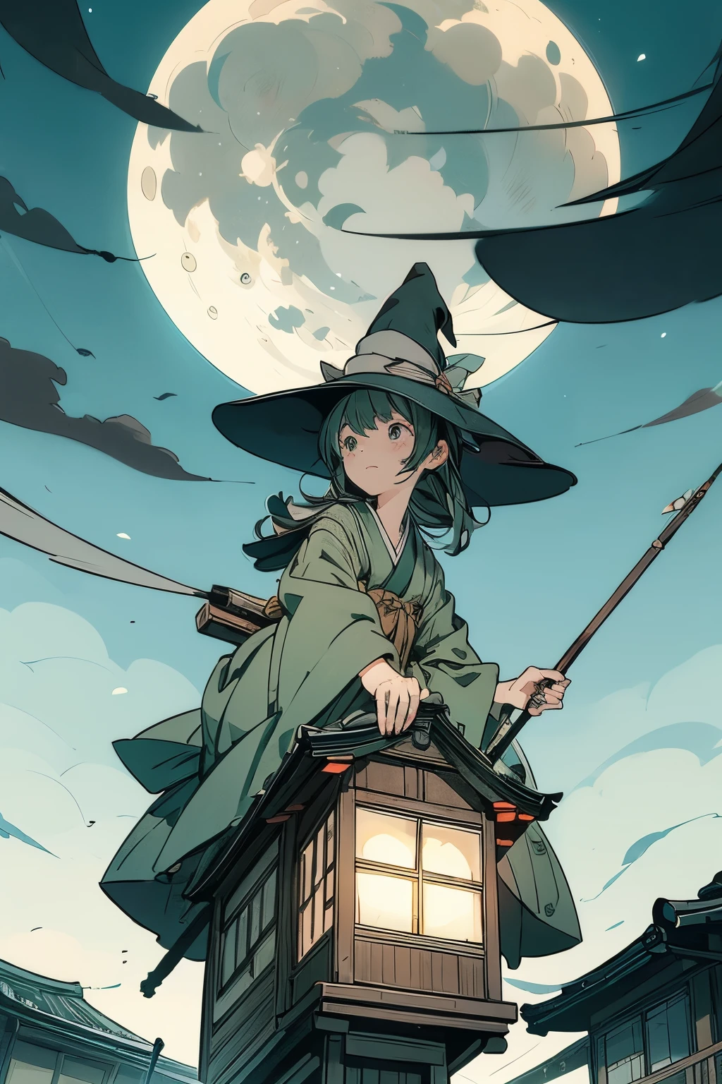Translucent Illustration 、 Impatient Japanese anime-style illustration 、 Small Shadows Seen in the Distance 、 The shadow of a little witch straddling a broom can be seen in the distance 、green、 dynamic angle 、 amazing、 Highest precision、 TOP QUALITY 、 fantasy、Effective Production 、 Full Moon Seen in the Distance 、 Night sky in a seaside town 、 Horizontal Line、movie、 artistic、delicate、sentimental、 highlights 、 Contrast