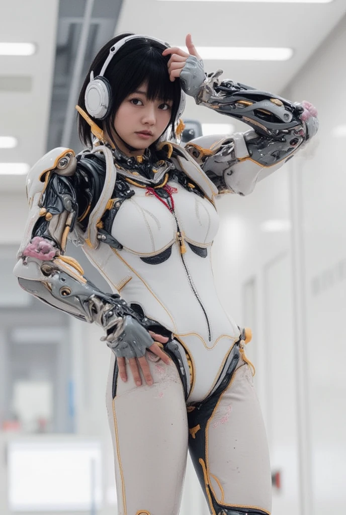 (RAW quality:1.4), Wide-angle shot, 1 female, Mecha, Sparkling blue eyes, 15 years old, Japanese, Very embarrassed look, (Realistic:1.37), Biomechanical, Complex robot, Cleavage, (Bare skin is exposed from under the chest to the lower abdomen.:1.4), Spaceship interior bokeh background, (Tied to a machine:1.4), Ultra-realistic, Very detailed, Very intricate details, Beautiful woman in sharp focus, Thin pubic hair,