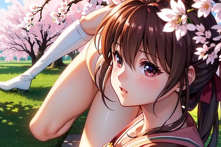 Face close-up、light blue Hair、short hair、girl1、smile、cherry blossoms、Open your mouth、Pink Lips、(Large Breasts:1.3)、night、Starry Sky、Hide your arms behind your body、Glowing Hair、moonlight、(looking down:1.2)、brown_hair, short_hair, brown_eyes, blush, bangs, Kumiko Oumae,(nude:1.5)、(pussy:1.3)、(from below:1.5)