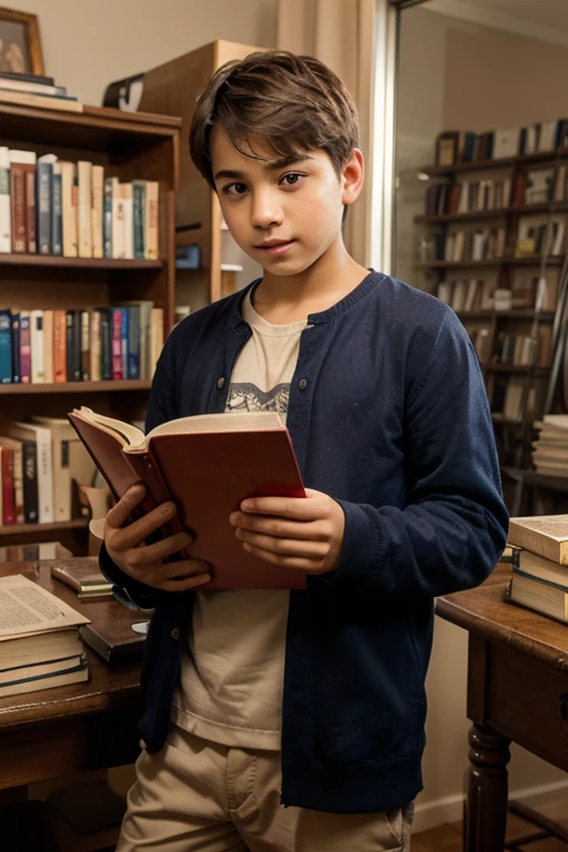 Kai is completely absorbed in his reading, captivated by the adventures and mysteries of the stories he explores. His face reflects a sense of joy and escape from the real world.Kai, a young boy with messy hair and wide eyes, sitting cross-legged on the floor amidst scattered open books. He wears a look of wonder and fascination as he delves into the worlds within the pages.Kai's bedroom, a cozy sanctuary filled with shelves of books, posters of fantastical landscapes, and a small, warm lamp casting a soft glow. The room feels safe and insulated from the outside wor