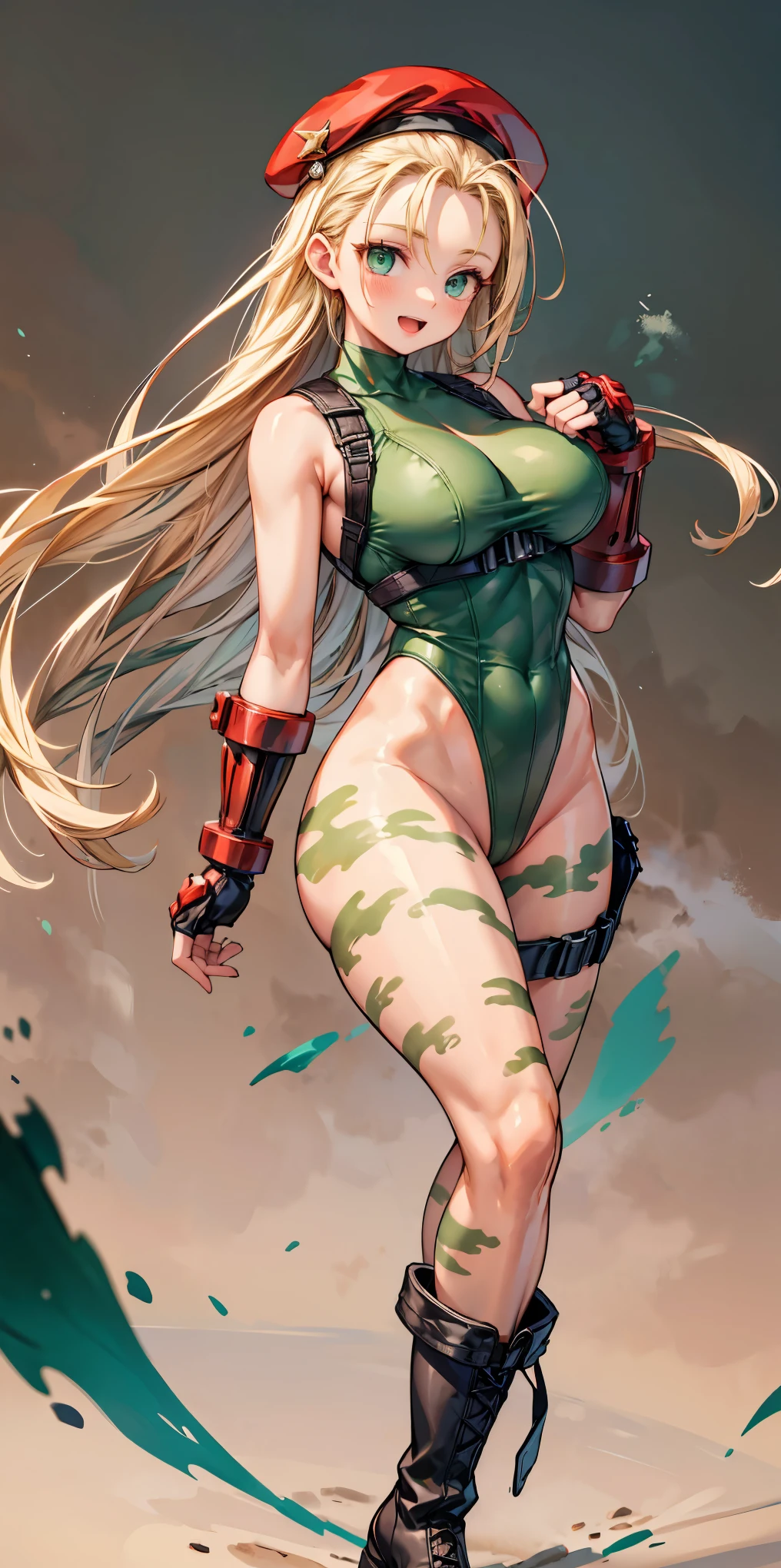 masterpiece、 high image quality、smiles、open mouth、(blonde long hair)、(clothed:1.5、Hands behind the back:1.3、big breasts、SFW Giant Body、long legs)、 blue eyes、cammy white, long hair, blonde hair, beret , (red headwear:1.3), large breasts, ( green leotard :1.5),harness belt、 sleeveless, red gloves, fingerless gloves, camouflage、(black long boots)、(Belts Wrapped Around Thighs)
