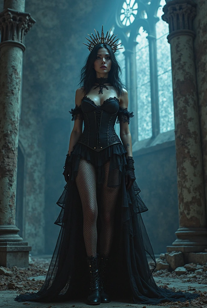 A powerful female warrior, the "Mother of Shadows", stands alone in a dimly lit room of an abandoned desert house. Moonlight filters through a cracked window, casting a silver glow on her imposing silhouette. Clad in dark leather armor, her generous curves are accentuated, but tension builds within her. The intense heat she feels from her belly to her chest, heavy with a surge of milk, becomes almost unbearable. Under this pressure, her bodice gives way, unleashing an inner force. Though her body betrays signs of transformation, Kristina keeps her gaze fixed, determined to remain in control of her emotions. The shadows in the room seem to move around her, drawn to her powerful and mysterious presence, but she remains a figure of dominance, ready to face what lies ahead.