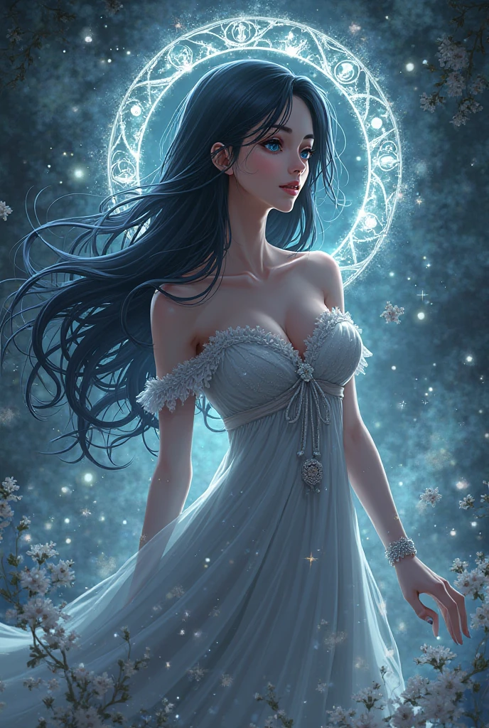 Beautiful Goddess Tsukuyomi, whole body, Japanese Goddess of the Night, Beautiful black hair