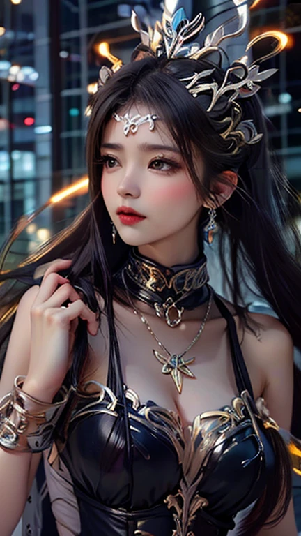 (64k, masterpiece:1.21), (best quality:1.21), (an extremely delicate and beautiful), ((Hasselblad photography)), (realistic, photo-realistic:1.3),(UHD), high res,HDR, cinematic lighting, highly detailed, highly detailed background, woman, long hair, sunlight, gigantic breasts, iridescent dress, glowing stars, A digital illustration, glowing lotus, defraction spikes, chromatic aberration, bloom AND (glowing, holofoil:0.9), a beautiful fantasy empress, guweiz, ruan jia and artgerm, beautiful fantasy maiden, japanese goddess,
