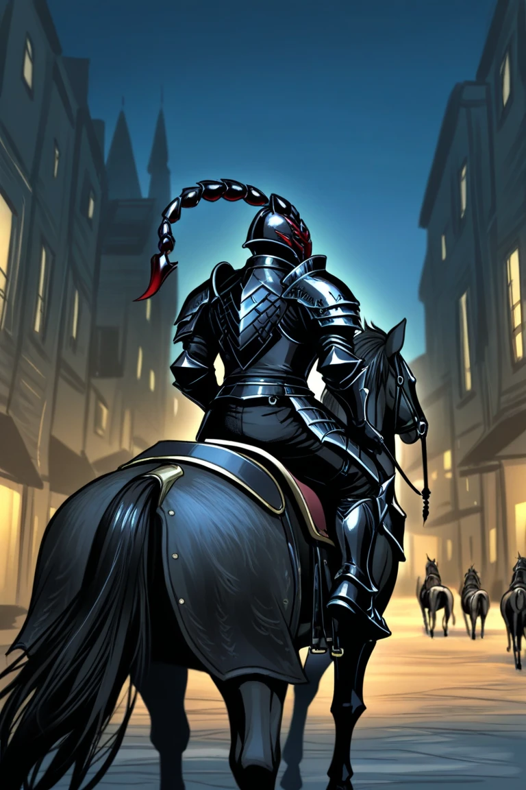 Create a highly detailed and atmospheric fantasy scene set in the night-time streets of Valoria. The streets are uneven, cobblestone-paved, and sparsely illuminated by flickering lanterns. These lanterns cast dancing shadows on the walls of ancient buildings.

In the foreground, feature Donovan Black, a mysterious elf clad in dark, leather armor. His armor should blend seamlessly with the shadows around him. Donovan's face is partially obscured by a hood pulled tightly over his head, but his pointed elven ears should be subtly visible under the hood.

Donovan is mounted on an elegant black mare, her muscles rippling under her shiny black coat as she gallops at high speed. Include visible breath from both the horse and Donovan in the cold night air. The mare should appear powerful and slightly defiant, yet obedient to Donovan's commands, indicated by the subtle pressure of his legs and his firm grip on the reins.

Capture the intensity and determination on Donovan's face as he navigates the labyrinthine streets of Valoria, with a clear sense of urgency and purpose. The scene should exude a sense of tension and imminent danger, suggesting that Donovan is being pursued by unseen enemies, possibly city guards, as hinted by the echo of hoofbeats on cobblestones.

Include elements of the surroundings that add to the medieval fantasy atmosphere: narrow alleyways, old stone buildings with intricate details, and a generally dark, moody ambiance. The composition should convey a high-stakes chase through a complex urban landscape, with Donovan’s knowledge of the city’s secret paths as his only advantage.