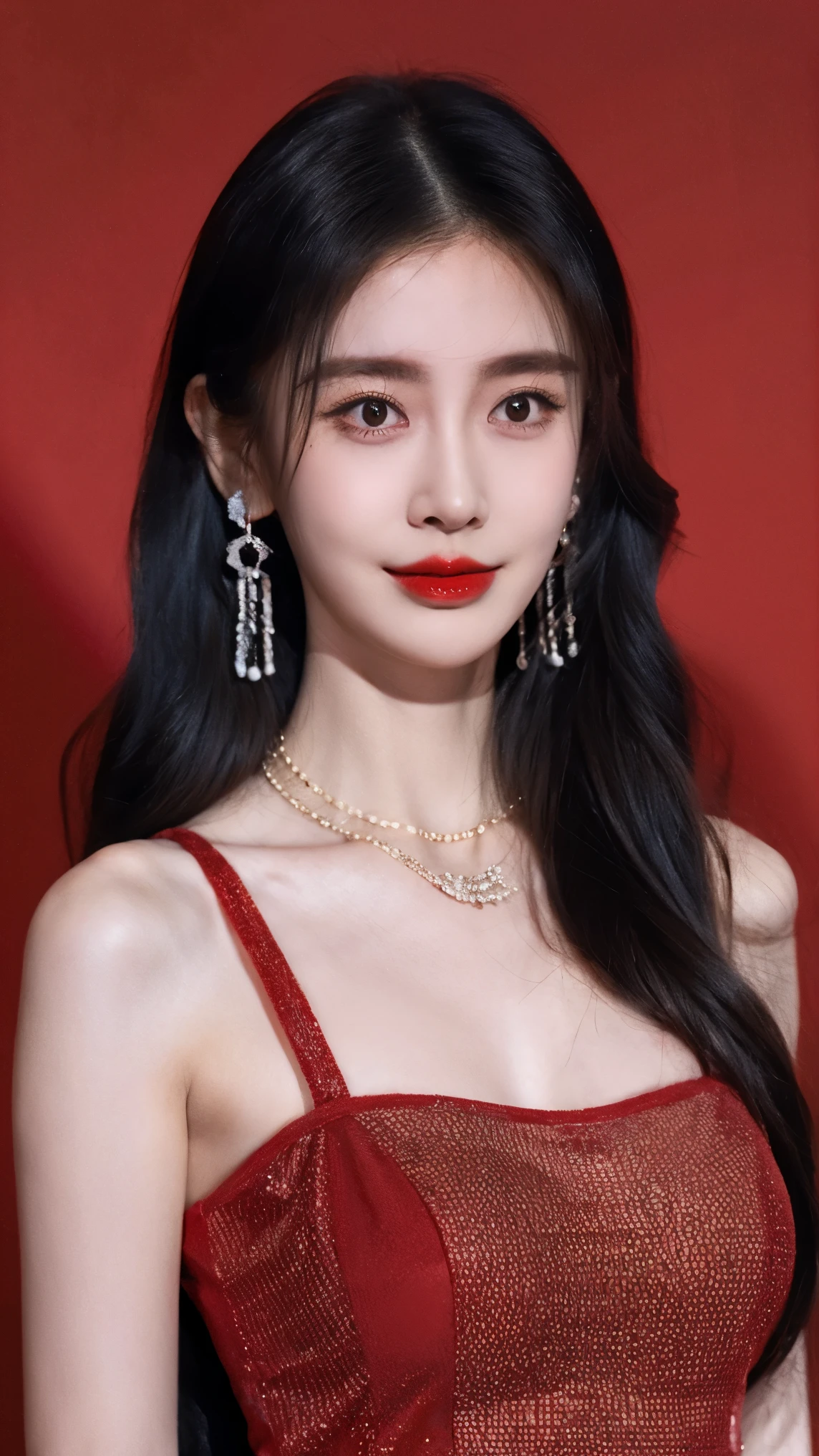 Ultra HD resolution,artistic photos,Photography,21year old girl,earrings,long hair,Red background,Black backless dress,necklace,E cup