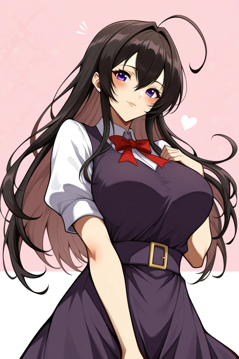 portraiture, beautiful young woman, long wavy thick black hair tied in high ponytail, parted bangs, massive forehead, large reddish violet eyes, huge forehead, delicate facial features, flawless skin, rosy cheeks, captivating smile, slender neck, graceful posture, elegant dress, vibrant colors, soft lighting, retro anime, old anime, 80s anime style