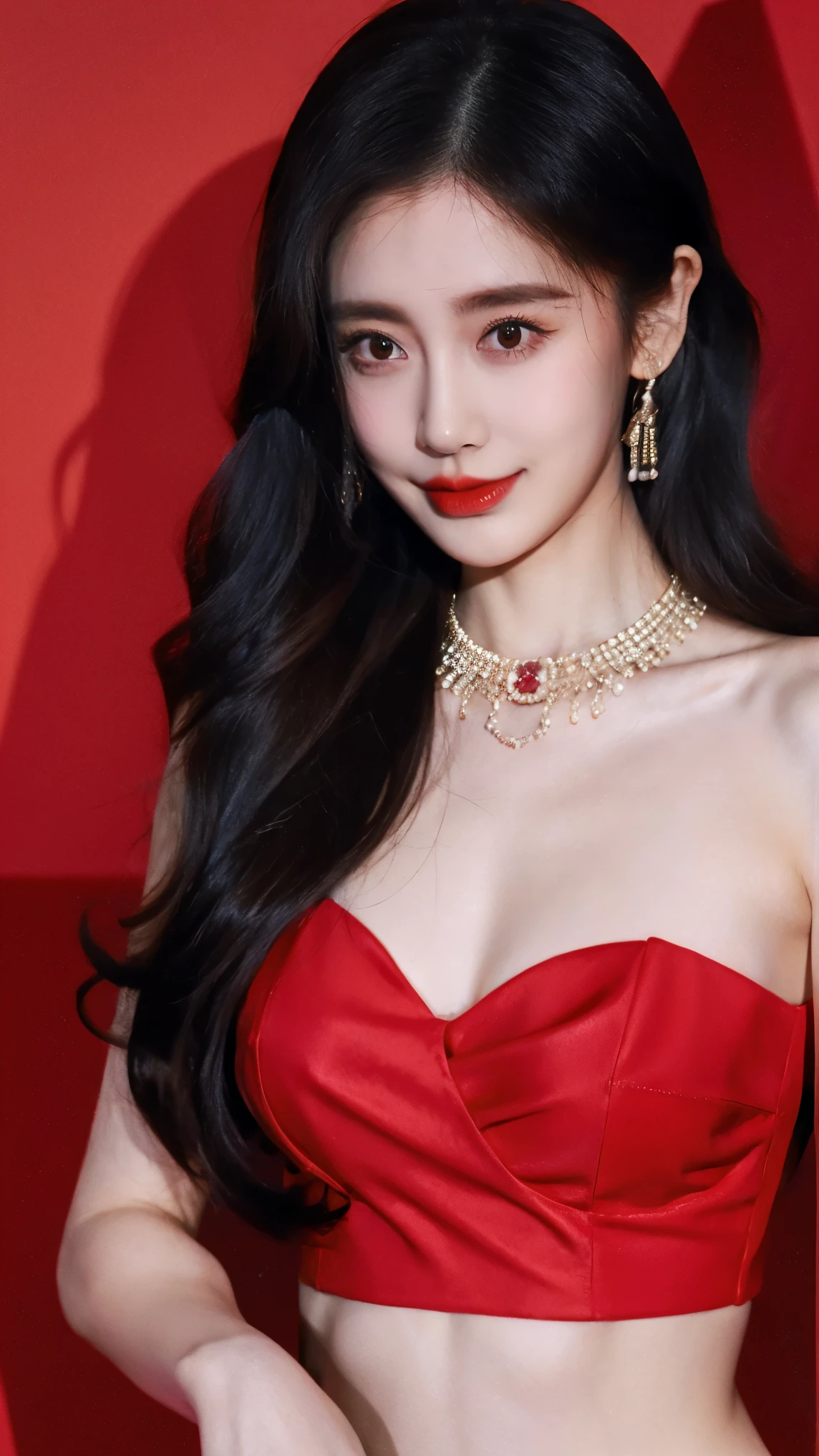 Ultra HD resolution,artistic photos,Photography,21year old girl,earrings,long hair,Red background,Black backless dress,necklace,E cup