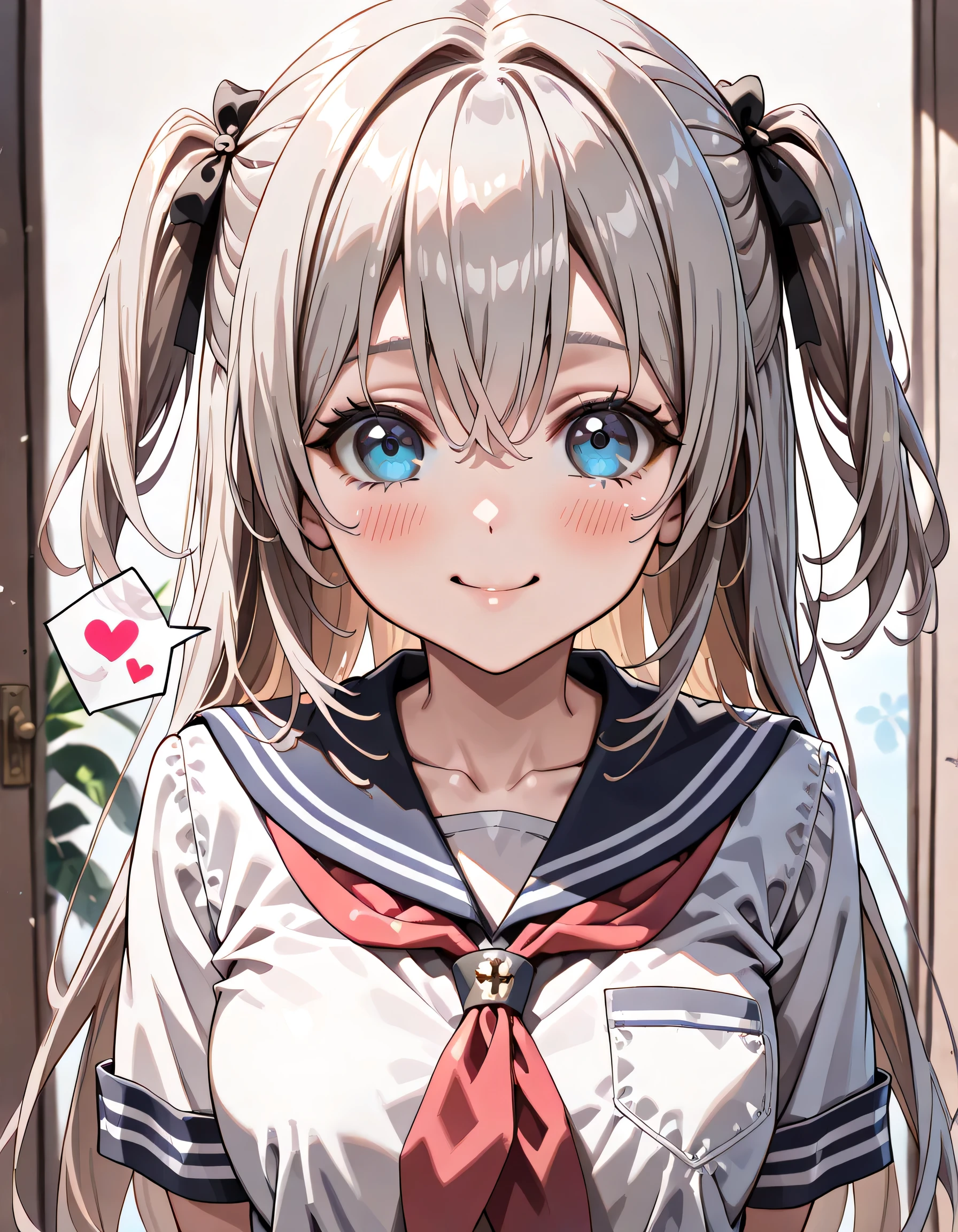 ((ultra-detailed)), (highly detailed CG illustration), (best quality:1.2), ultra-highly detailed, colorful composition, artistic photoshoot, 1girl, solo focus, ((upper body:1.4)), moe anime character, age girl, dainty facial structure, (baby face), (round face), ((rounded chin:1.2)), celia-default, celia claire, ((blue eyes:1.4)), ((silver hair color)), ((two side up hair)), ample breasts, school uniform, sailor suit, traditional Japanese style with navy blue and white colors, ((smile:1.4)), ((happy:1.4)), ((joyful:1.4)), ((cry with joy:1.4)), ((blush:1.4)), ((looking viewer)), ((spoken Heart:1.4)), ((pink heart background)), from front, best quality, masterpiece, expecting, pink cheek, blush, light pink gloss slip, portrait, depth of field, soft lighting, sidelighting, (shine), lighting, caustics, ray tracing, smile, perfect face, lustrous skin, highly detailed face, highly detailed eyes, perfect face, perfect nose, perfect hair, perfect eyes, perfect anatomy, beautiful hair, beautiful small face, extremely detailed face, beautiful detailed eyes, beautiful clavicle, beautiful body, beautiful ample breasts, leavage, breasts squeezed together, equalize the size of the left and right breasts, beautiful thin thighs, beautiful legs, beautiful fingers, 4 fingers, 1 thumb, lovely, (very detailed background:1.0), (highly detailed background:1.0), spring aesthetic, intricate details, joyful atmosphere, spring colors palette, chromatic aberration