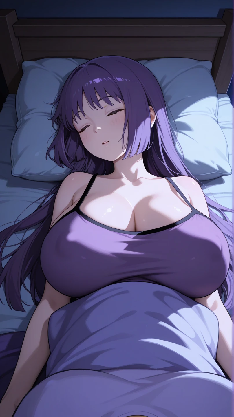 Adult Female, Black purple hair, slanted bob haircut, phlegmatic, stoic expression, cyberpunk apartment, sleeping, baggy clothes, slob, highly detailed, high quality, perfect quality, 8k|