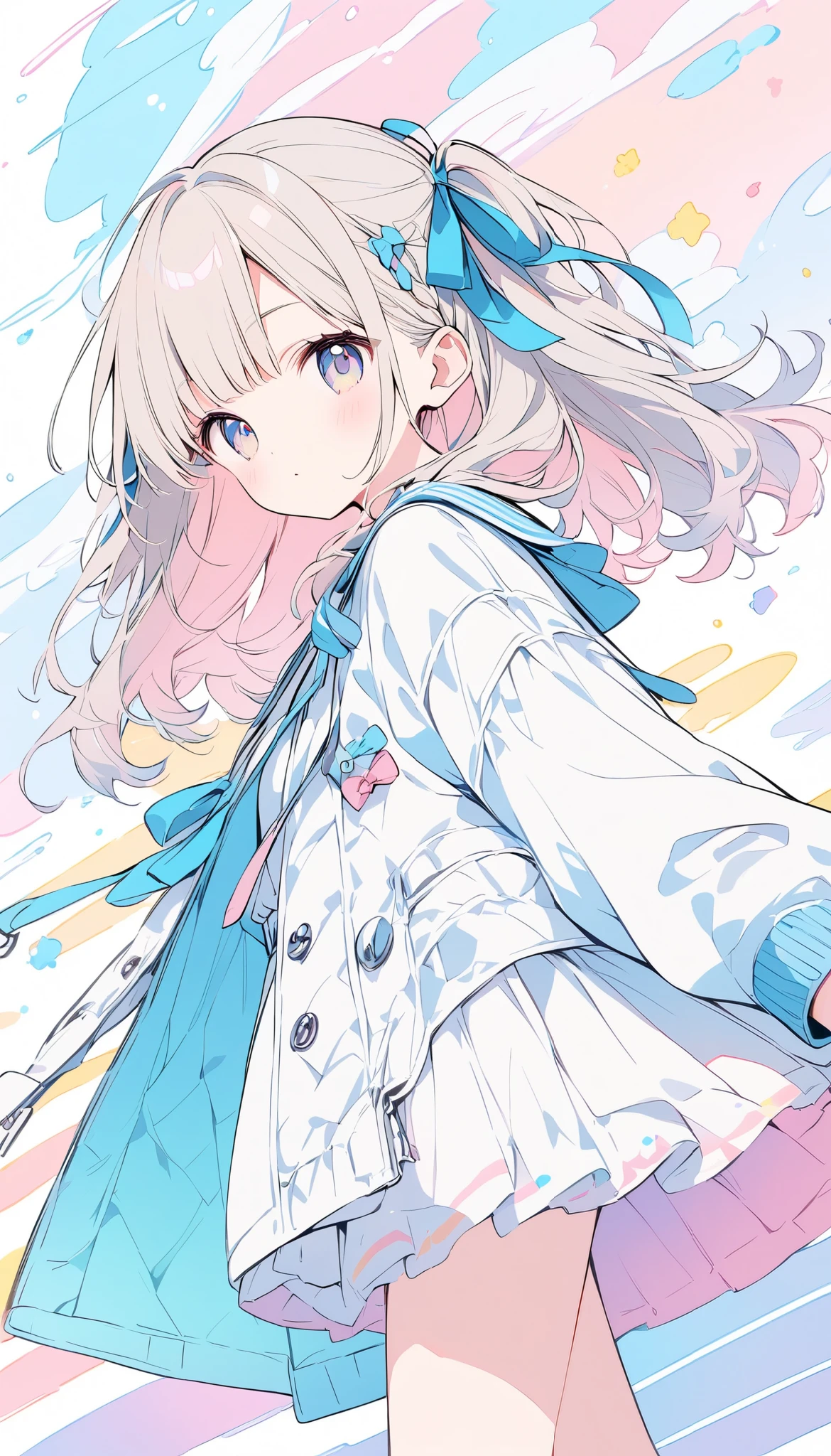 pale colour、Line art,High resolution、In great detail、hair ribbon,One Girl,cute,stylish,Colorful and cute background