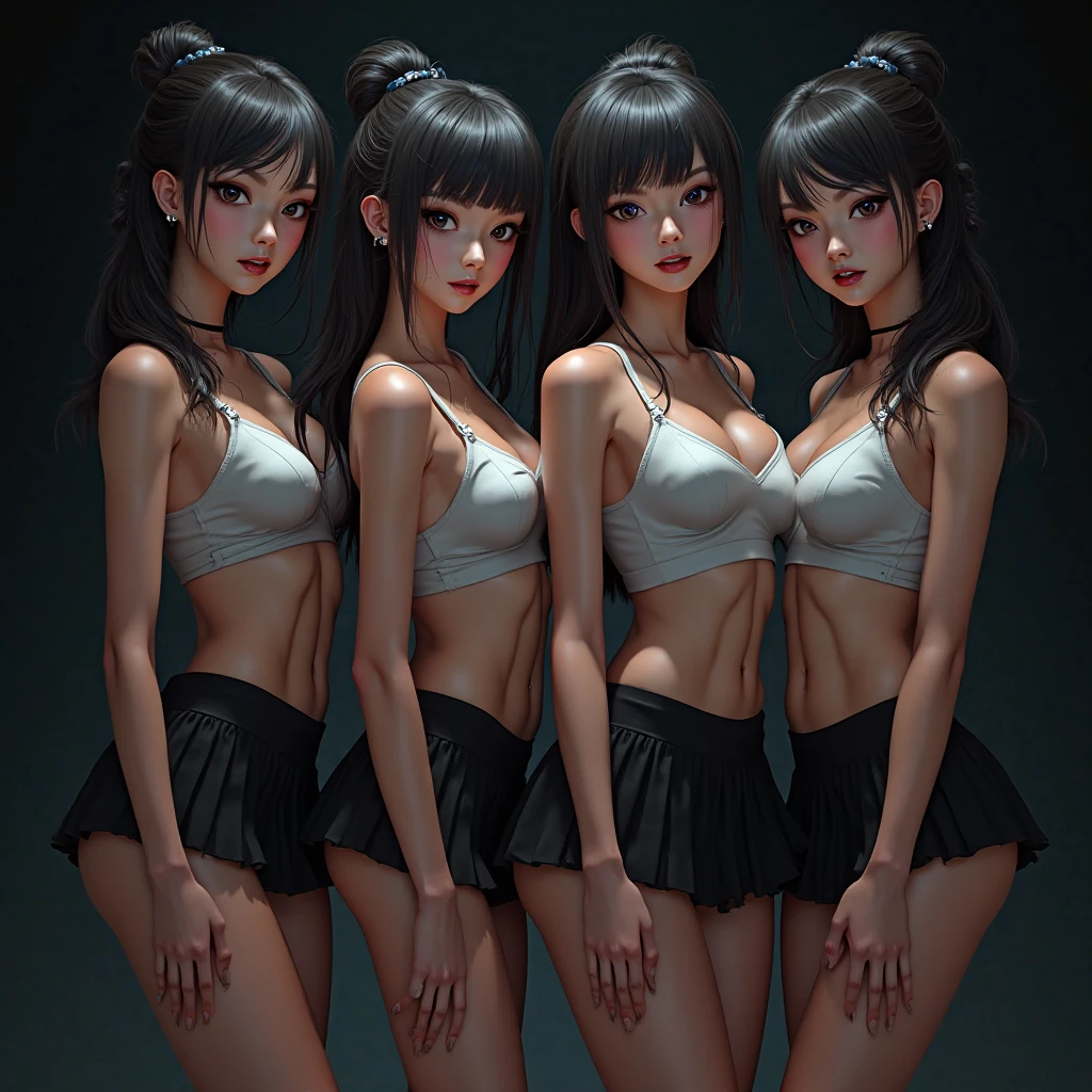((masterpiece)),(((best quality))),(character design sheet, same character, front, side, back), illustration, 1woman, short black hair, hairstyle pixie, eyes, environment change scene, Female, wearing а shorts and croptop, (background, black background: 1.3), --6