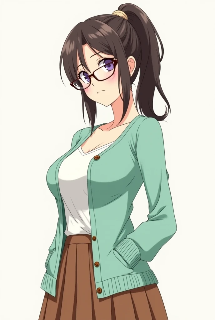 nico robin, one piece, one piece: strong world, 1girl, adjusting eyewear, bangs, black hair, breasts, closed mouth, collarbone, glasses, high ponytail, jewelry, large breasts, light blush, long hair, long sleeves, looking at viewer, necklace, ponytail, shirt, sidelocks, solo, green and white stripes, striped shirt, upper body, v-neck, ((masterpiece))  <lora:nico_robin_post_timeskip_offset:1>