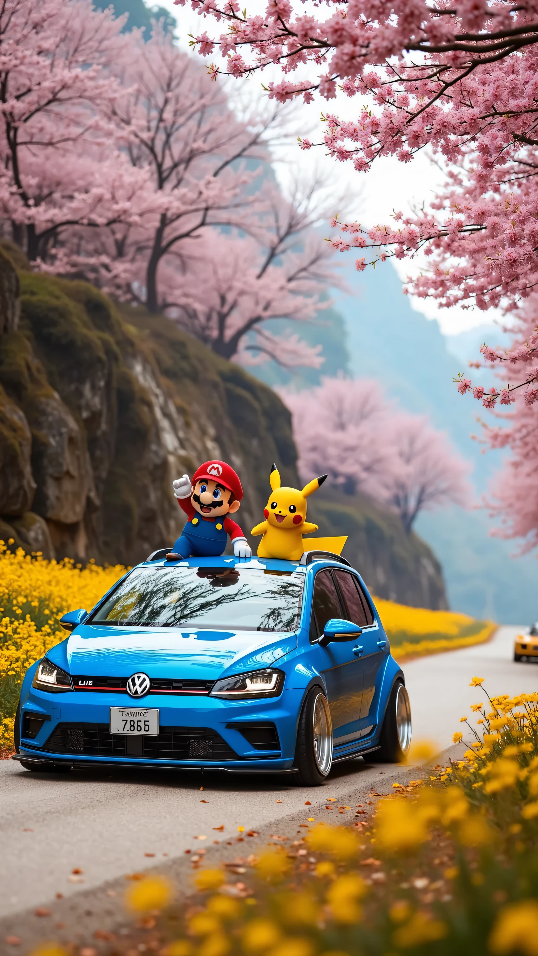Pikachu and Mario drive a blue Volkswagen Touran L，Modified car，wide body and negative wheel base wheels，written on the license plate:” Li Mu Mu”，Drive on a rugged mountain road full of rapeseed flowers。The side of the road is full of cherry blossom trees，Cherries are scattered in the air。Ahead is the downhill path of Panshan Mountain，There is a huge lake at the foot of the mountain，The deep blue water is very clean