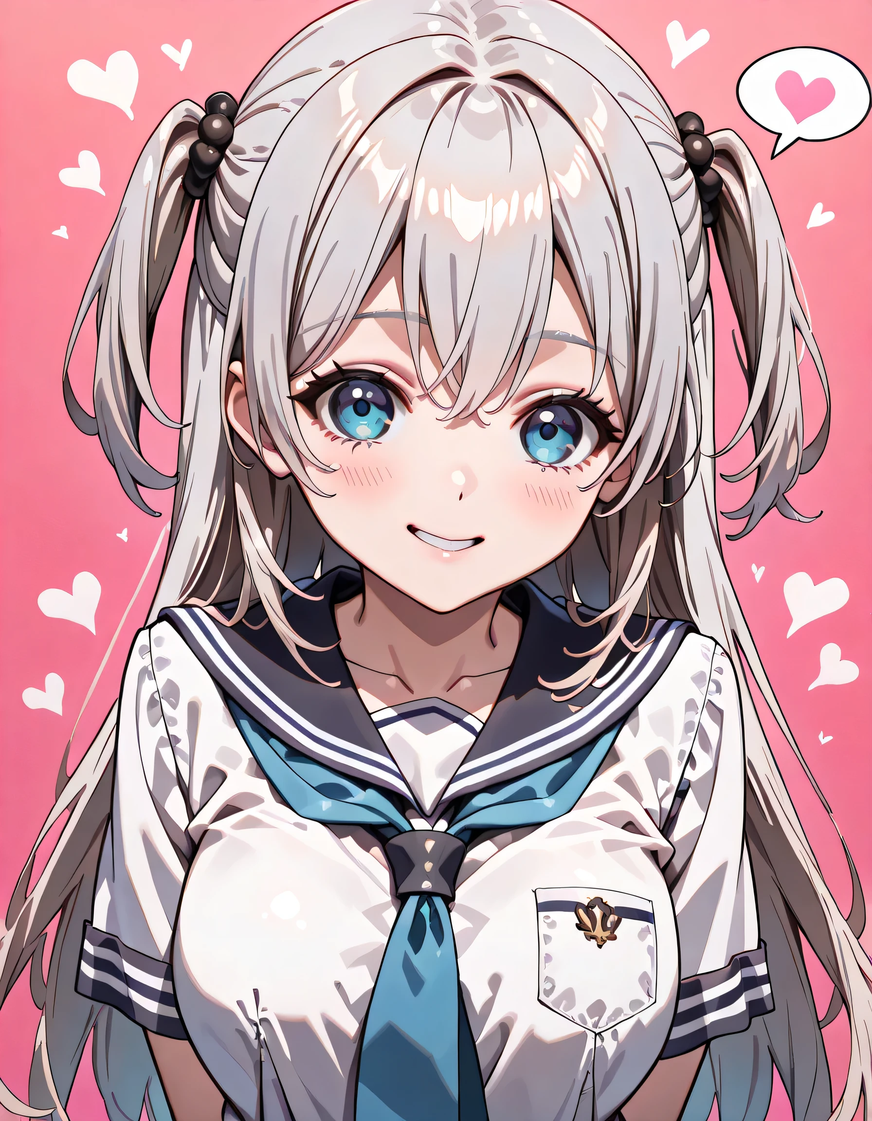 ((ultra-detailed)), (highly detailed CG illustration), (best quality:1.2), ultra-highly detailed, colorful composition, artistic photoshoot, 1girl, solo focus, ((upper body:1.4)), moe anime character, age girl, dainty facial structure, (baby face), (round face), ((rounded chin:1.2)), celia-default, celia claire, ((blue eyes:1.4)), ((silver hair color)), ((two side up hair)), ample breasts, school uniform, sailor suit, traditional Japanese style with navy blue and white colors, ((smile:1.4)), ((happy:1.4)), ((joyful:1.4)), ((cry with joy:1.4)), ((blush:1.4)), ((looking viewer)), ((spoken Heart:1.4)), ((pink heart background)), from front, best quality, masterpiece, expecting, pink cheek, blush, light pink gloss slip, portrait, depth of field, soft lighting, sidelighting, (shine), lighting, caustics, ray tracing, smile, perfect face, lustrous skin, highly detailed face, highly detailed eyes, perfect face, perfect nose, perfect hair, perfect eyes, perfect anatomy, beautiful hair, beautiful small face, extremely detailed face, beautiful detailed eyes, beautiful clavicle, beautiful body, beautiful ample breasts, leavage, breasts squeezed together, equalize the size of the left and right breasts, beautiful thin thighs, beautiful legs, beautiful fingers, 4 fingers, 1 thumb, lovely, (very detailed background:1.0), (highly detailed background:1.0), spring aesthetic, intricate details, joyful atmosphere, spring colors palette, chromatic aberration