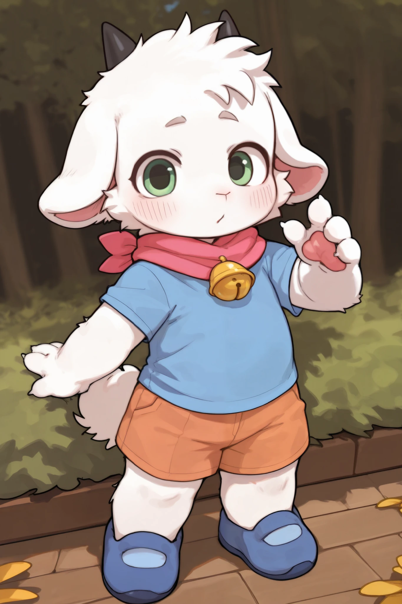 pygmy sheep,furry boy, Toddler Characteristics,white fur,Bell,scarf, shorts,Short sleeve