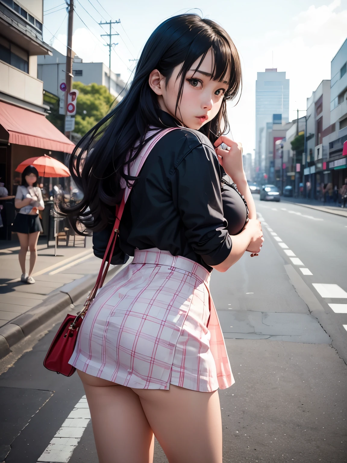 the Extremely Detailed CG Unity 8K Wallpapers、top-quality、ultra-detailliert、masterpiece、realisitic、Japanese high school students、Clear、Sailor Clothing、Dark blue skirt、Photo Real、extremely detailed cute girl、15yo student、((skirt lift by yourself)))、(Lifted by yourself)、Pure white panties、panties focus、red blush、Parted lips、looking at the viewers、Semi-body shot、(Large crowds)、(Crowded city)、Wavy Hair
