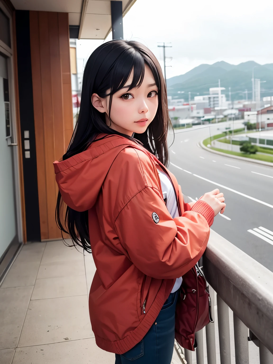 sawamura haruka, ryu ga gotoku, yakuza, bangs, black hair, ponytail, swept bangs, brown eyes, lips, in the district of Kabukicho, small breasts, red t-shirt, denim skirt, grey hoodie jacket, hoodie down, brown boots, cute, kawaii pose, looking at viewer, (((best quality, masterpiece))), (((extremely detailed))), RAW photo, realistic, cinematic lighting, best quality, 8k uhd, realistic, (unreal engine 5), , <lora:Sawamura Haruka v2:1>