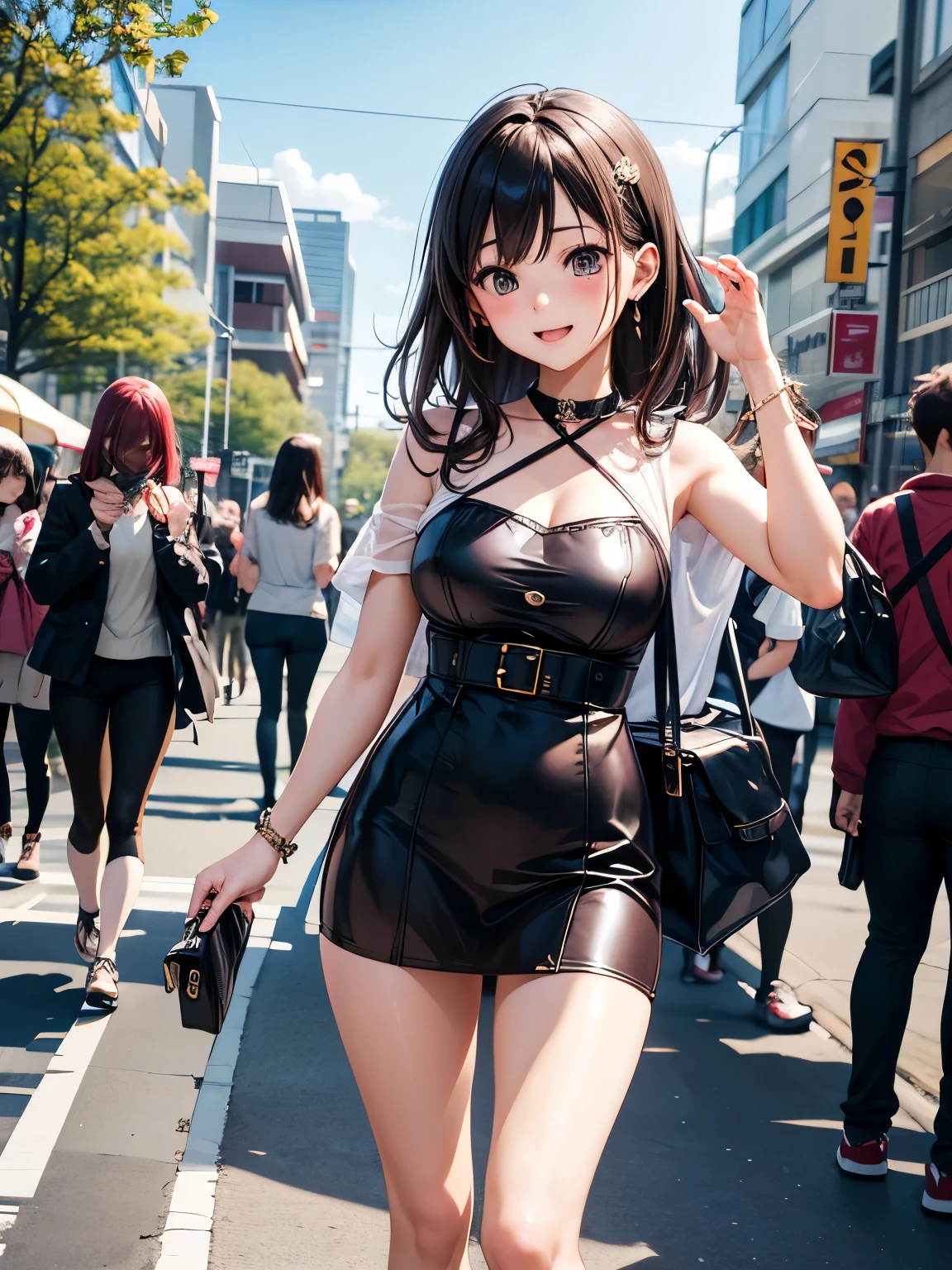 {of the highest quality], [Super beautiful], [Ultra fine], [best illustration], NSFW,Brown hair, hime cut, wide, with bangs, girl,ol,white short sleeve shirt,black tight skirt,SMILE, blush, Thin women, adult women,make a pose,(public),night park,summer festival,diagonal, Bare feet and pumps, Plain black pumps