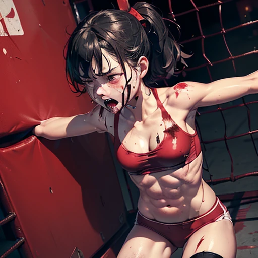 She sits in the ring, covered in blood and sweat. Her mouth is open, she is drooling, her eyes are slurred, and she has fainted. Pee is pouring out of her crotch. Her arms are down, weak. She is wearing a sports bra and high-leg panties. She is exhausted. A young, beautiful Japanese female mixed martial artist fights in the octagon and loses. Mouth open, drooling, one eye closed, gasping for air. Short-cut black hair. Open-fingered gloves. Erect nipples. Small breasts.