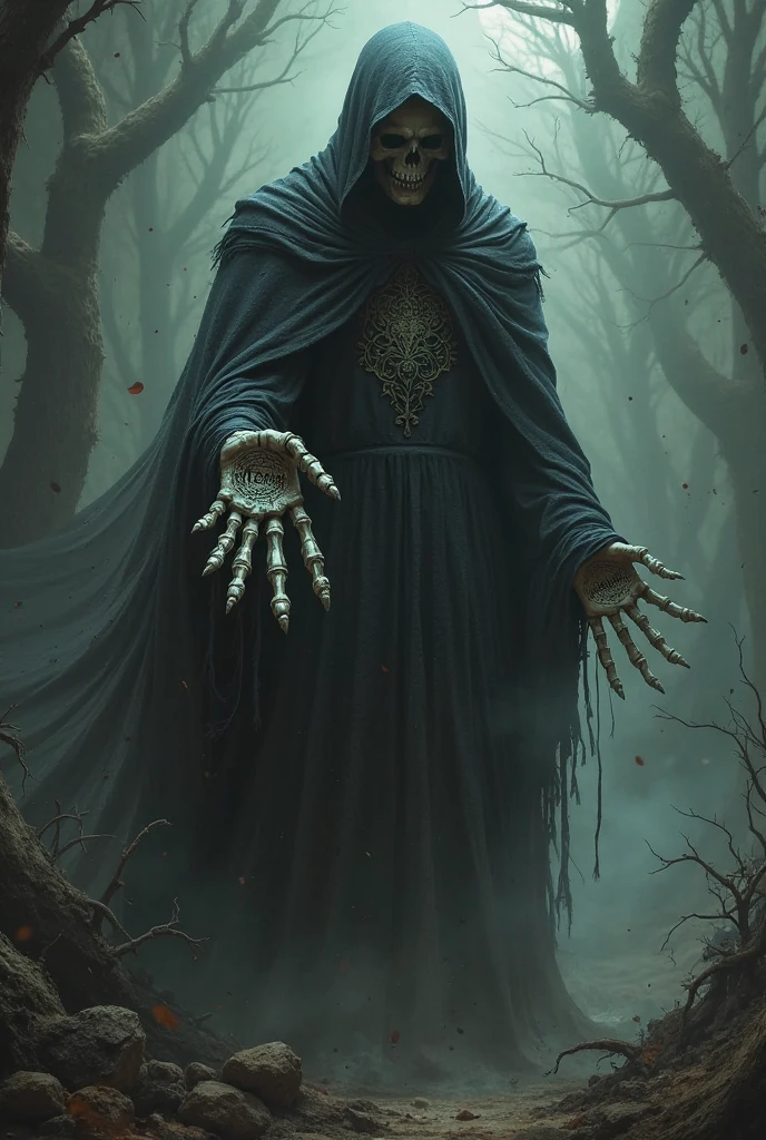 A wizard in a black cloak and hood with a demon in his hands