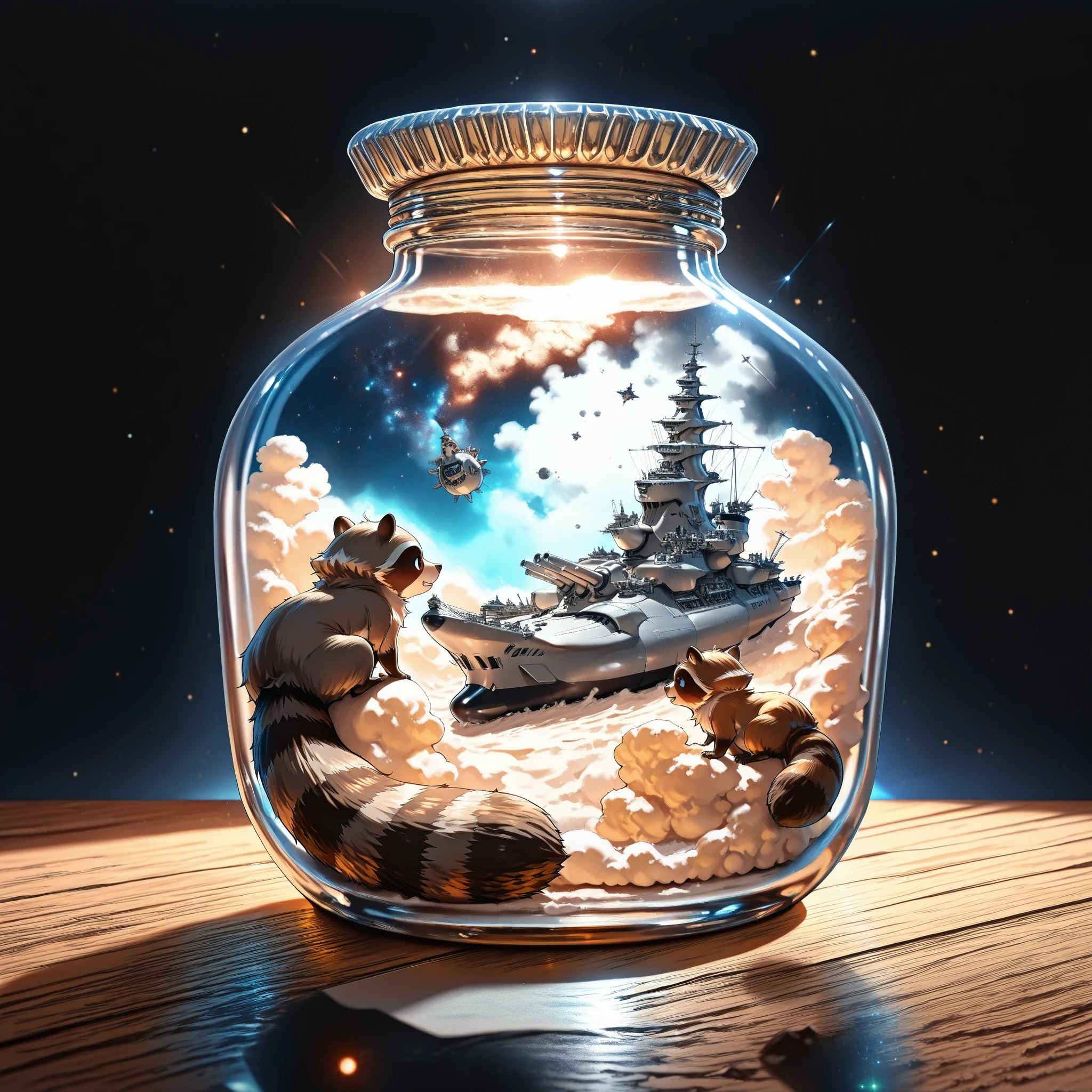 ((Best Quality)),( super high definition),(Super detailed),( detailed description ),((The best CG)),(masterpiece), Space Battleship,TQ - Miniature Worlds In Bottles,
The background is a raccoon,
,(狸がボトルを覗き込む)