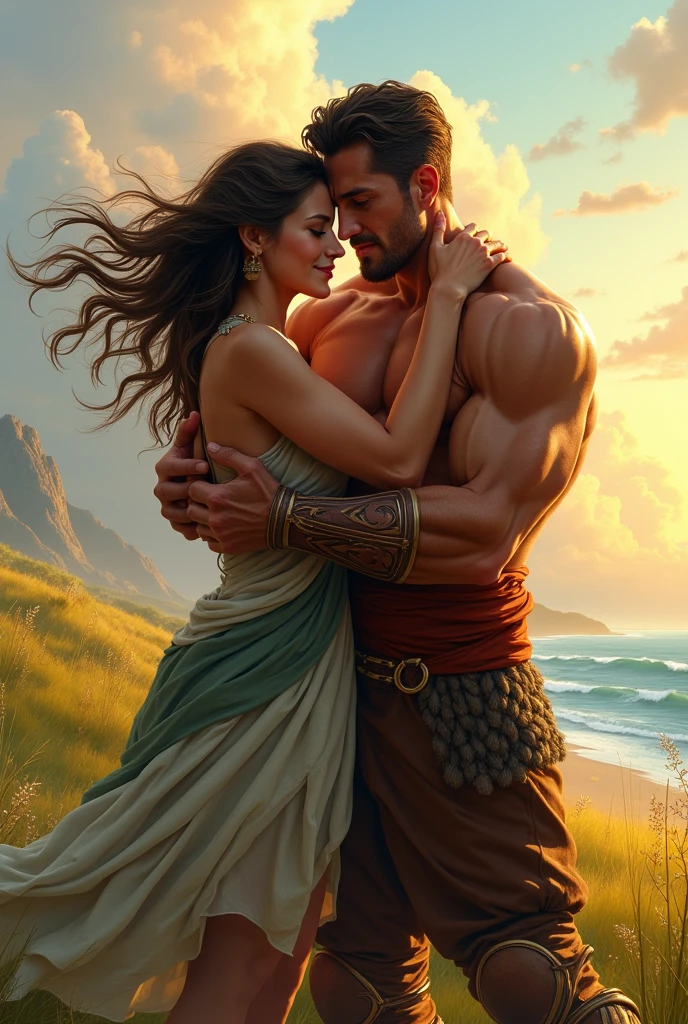 A strong brown man and a white woman with chocolate hair in the background landscape