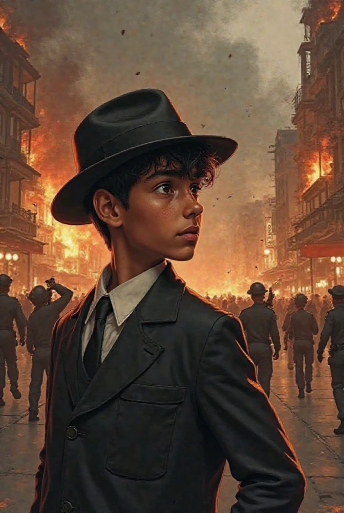 a beautiful boy, 9 years, very fine European features, Brown hair, blue eyes, very formal London clothes, sad look, peaceful look.