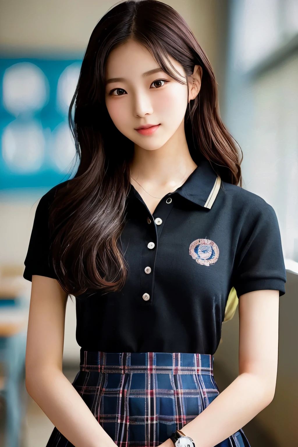 depth of field, ( spring vibe), wearing Japanese school uniform , cinematic lighting, female close-up, spring, 1 woman, textured skin, A clear person, skirt, bright vibe, Cute beautiful face, beautiful Japanese, natural face, old attractive woman, Honest Woman, young, cute, Japanese model, realistic portrait, People are clear, arafed asian girl in 学校制服 posing for a picture, cute high school girl, JK uniform, HYPER REAL SCHOOL SCHOOL
