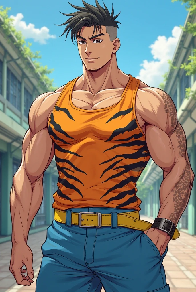 score_9, score_8_up, score_7_up, score_6_up, score_5_up, score_4_up BREAK pokkuti, anime screencap, muscular, 1girl, solo, looking at viewer, hawaiian_shirt, natural skin, razor cut, Platinum, orange eyes, outdoors, sunset, cafe, <lora:PokkutiPDXL32.0.9tx1:1>