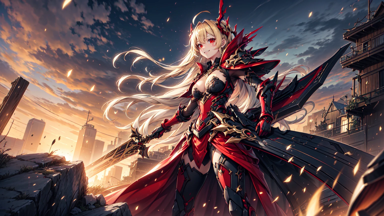 Age 30 years woman, Long blonde hair with pin doll, covering one eye by blindfold, wearing a battlesuits With 3 colors black white red, red eyes, Sleep looking at the sky on a green meadow, view of the high tower Iron, sad, high heels, best quality, masterpiece, HD, Full Body, beautiful face