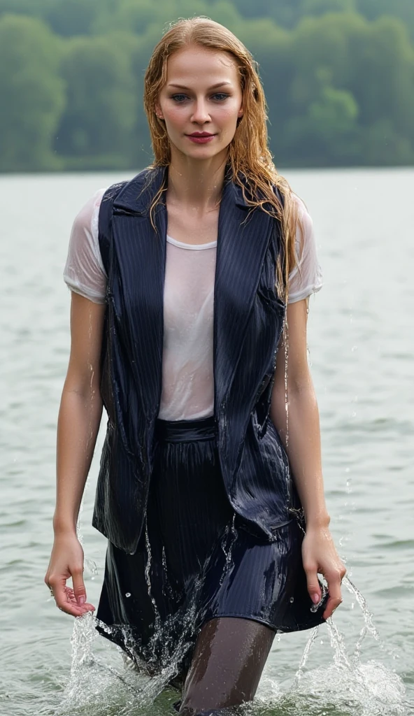 perfect photo of a Caucasian woman (emerging out of water:1.3) wearing (wet satin shirt:1.2), long sleeves, (swimming in ocean) (only head over water:1.4), partially submerged, (black bra visible through shirt:1.2), photographed on a Fujifilm XT3, 80mm F/1.7 prime lens, cinematic film still, cinestill 500T, highly detailed, masterpiece, highest quality, intricately detailed, HDR, 8k, uhd, photorealistic