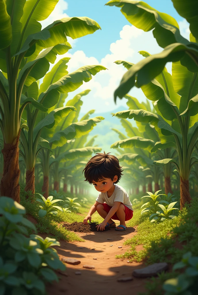 An 8- Indian boy fills soil inside a pot

