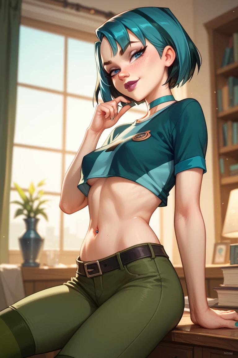 (best quality, masterpiece:1.2), 1 girl, detailed hair, detailed eyes, detailed lips, valorantViper, green eyes, glowing eyes, small mouth, small breasts, [abs:0.4], t-shirt, showing abs, jeans, bedroom, looking at viewer, glare, smirking, left hand to hips, no weapon, realistic colors, studio lighting, no mask