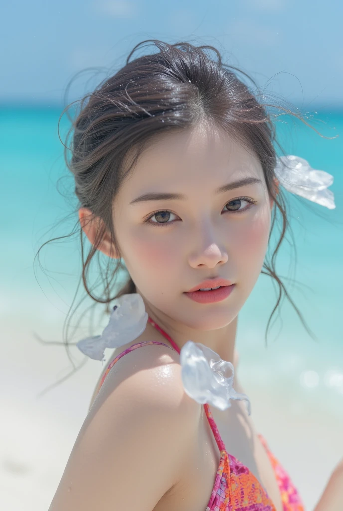 Beach,resort,white bikini,Close up face,One woman,masutepiece, The highest image quality, High quality, the background is clear,Beautiful woman, Japanese, Detailed, Detailed eyes, Detailed skin, Beautiful skin, 超hight resolution, (reality: 1.4),Very beautiful woman, Slightly younger face, Beautiful skin, slender, (Ultra photo realsisim), (hight resolution), (8K), (Very detailed) (beautifully detailed eyes), (super detailed), (Detailed face), view the viewer, Fine details, Detailed face, Staring straight ahead, Staring straight ahead, photos realistic, Bright lighting, Professional Lighting, Black hair,poneyTail,a baby face,fifteen years old,Hairstyle: ponytail,Long ponytail hairstyle,slight smile,neat and tidy clothing,Beautiful Japanese KPOP idol photo, hair style is ponytail, my eyes are double and wide, baby face, smile and look straight ahead, slender, small breasts,Close up face,