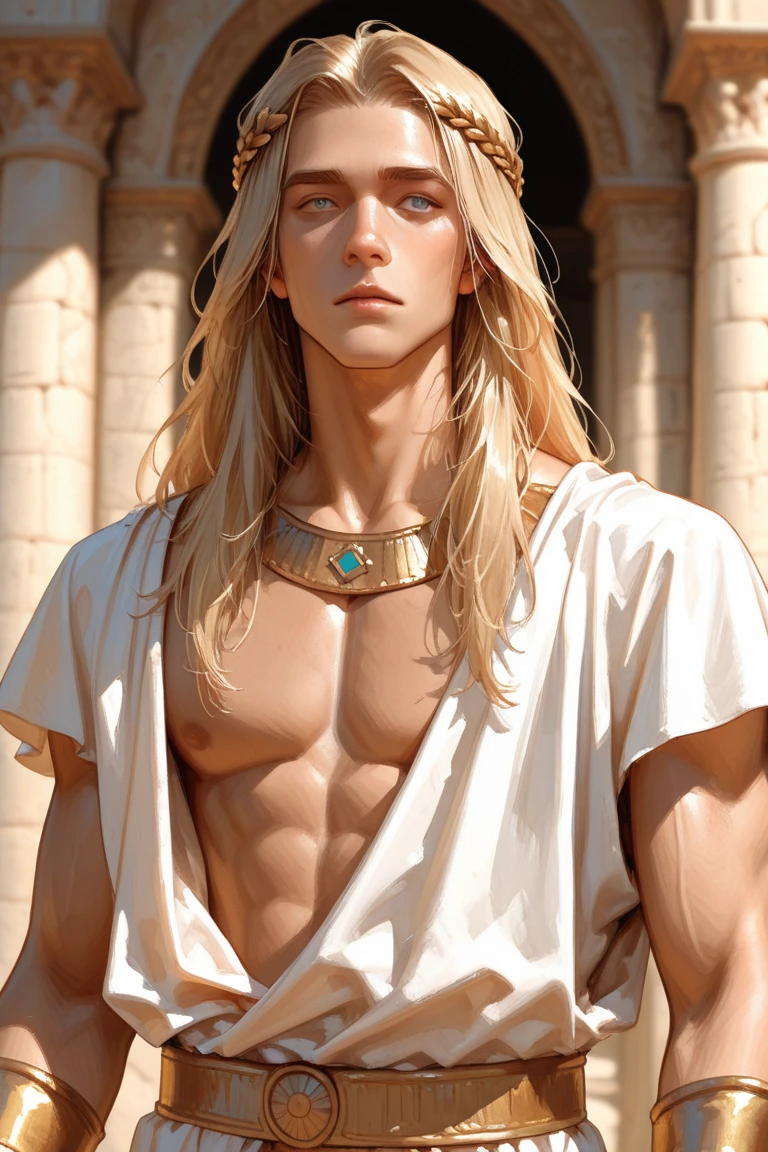 (hyper-realistic digital illustration), (perfect face:1.1), (high detail:1.1) like a renaissance sculpture, extremely handsome male, (naked body), wearing narrow gauzy loincloth, mage long robes, clean shaved, front view, lying on his back, holding legs raised, athletic body, (white skin), bare chest, flat chest, (short blond hair), light blue eyes, serene expression, small waist, muscular. best quality, high-resolution