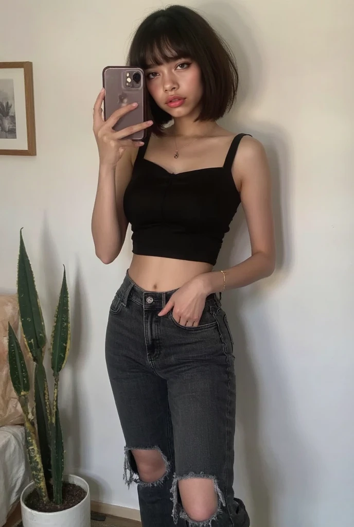(20 year old girl) (slim body), ((black hair)) (short hair) (black eyes) (white skin). beautiful face, perfect, delicate face. expression of boredom. full body, western face (tall girl) standing, day. thin legs, thin arms, big chest front view (location: front door)((rocker girl, black clothes, black clothes, shorts))