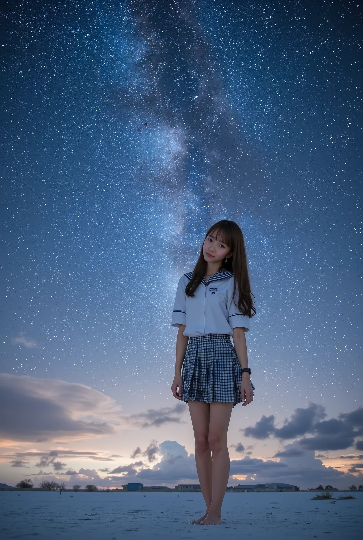top quality、masterpiece、18 year old Japanese girl at Miuyuni salt lake、wearing a high school girl uniform、thin legs、I'm at Uyuni salt lake on a night with water、Milky Way Galaxy、((((full body picture))))