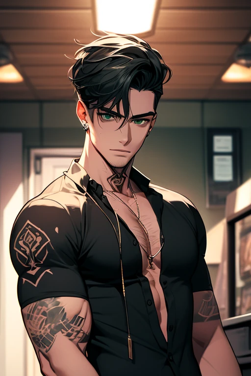 (absurdres, highres, ultra detailed), 1 male, elf adult, handsome, tall slender guy, narrow eyes, narrow shoulders, finely detailed eyes and detailed face, messy shaggy black hair, side bangs, bangs, green eyes, sexy twink, shirtless, final fantasy 14, slave collar, full body shot, backside, cute butt, back view, submissive expression, defiant expression