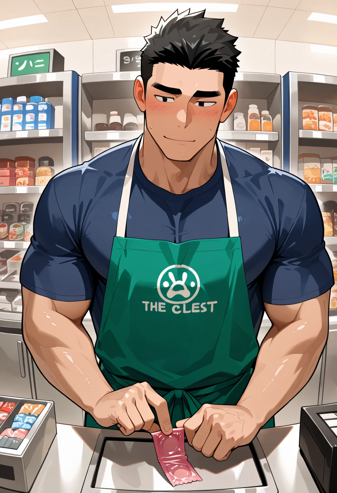 male, handsome, asian skin, clerk and customer, in a adult goods shop, clerk is big and muscular, customer is thin, Blusher, black hair and black eyes, short hair, (the clerk is wearing t-shirt and apron), customer is shy, (The clerk is giving the customer a XL sized condom), The clerk and the customer are facing each other with the cashier in between, very , indoor, masterpiece, VERY DETAILED ,  Exquisite details, detailed background 