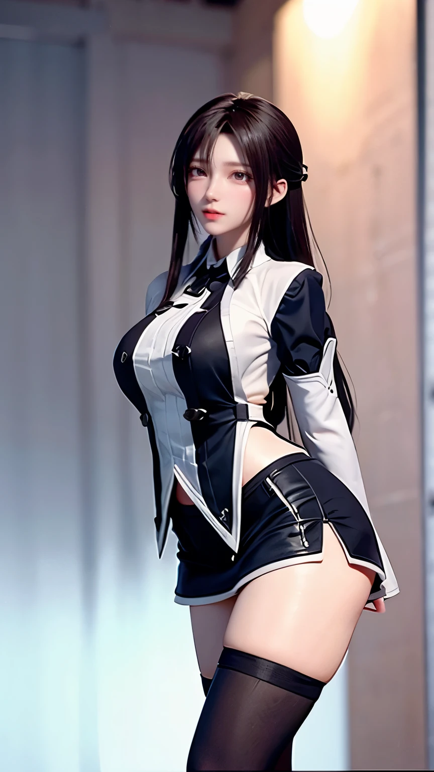 1 girl, standing, sexy seductive pose, (single, full body: 0.6, young, big breasts: 1.2), detailed face, white dress, black tie and white shirt, close-up of woman, Korean girl, gorgeous young Korean woman, in shirt, wearing cute top, beautiful Korean young woman, young cute girl, long hair asian girl, smooth white tights suit