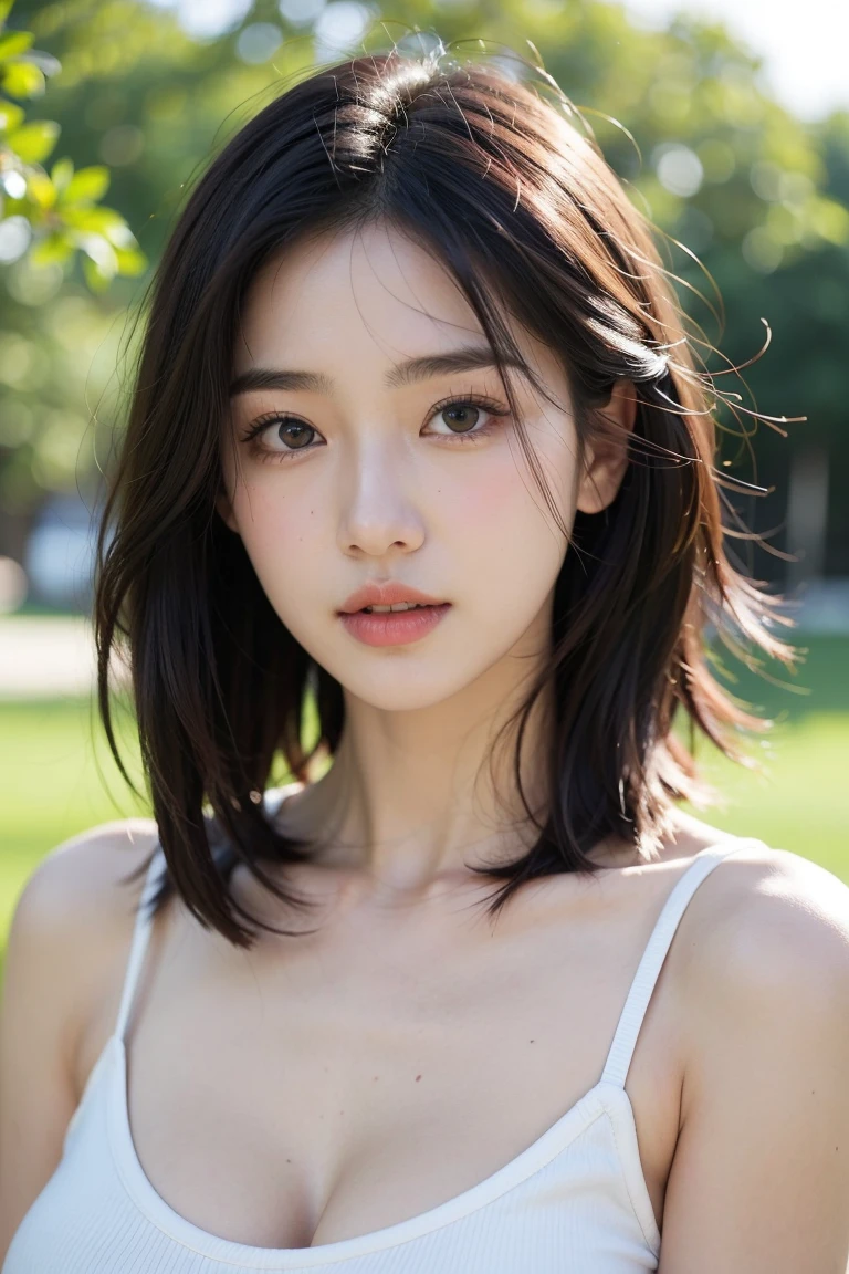 (RAW photo, highest quality), (realistic, photo-realistic:1.3),1 girl, black hair, Bangs on eyebrows, bob cut hair,realistic, 超realistic, cinematic lighting, 32K, Backlight, (bright light:1.2), (Improvement of quality:1.4), (highest qualityのリアルな質感のスキン:1.4), fine eyes, detailed face, close up of face,looking at camera, round face,blouse, (Enhances the beauty of skin texture:1.1),simple background