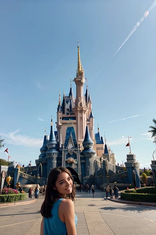 Woman in front of a castle in Disney World's Magic Kingdom, with a blue sky in the background, castle in the background, with a castle in the background, castle in the background, magical kingdom, (castle in the background), the background is the Disneyland castle , Disney world, standing near a castle, Walt Disney World.
A beautiful woman, with white skin and dark brown hair. She is about 45 years old, 165 cm tall and weighs 56 kg. She had modeled legs, perfect legs, toned legs, perfect mouth, medium breasts, perfect face. Her body exudes glamor and her face is a definition of beauty. Slender body, thin waist. Highly realistic, hyperrealism, very elaborate skin. Clear photo, high resolution, high quality, masterpiece, 16K photo, high contrast, masterpiece