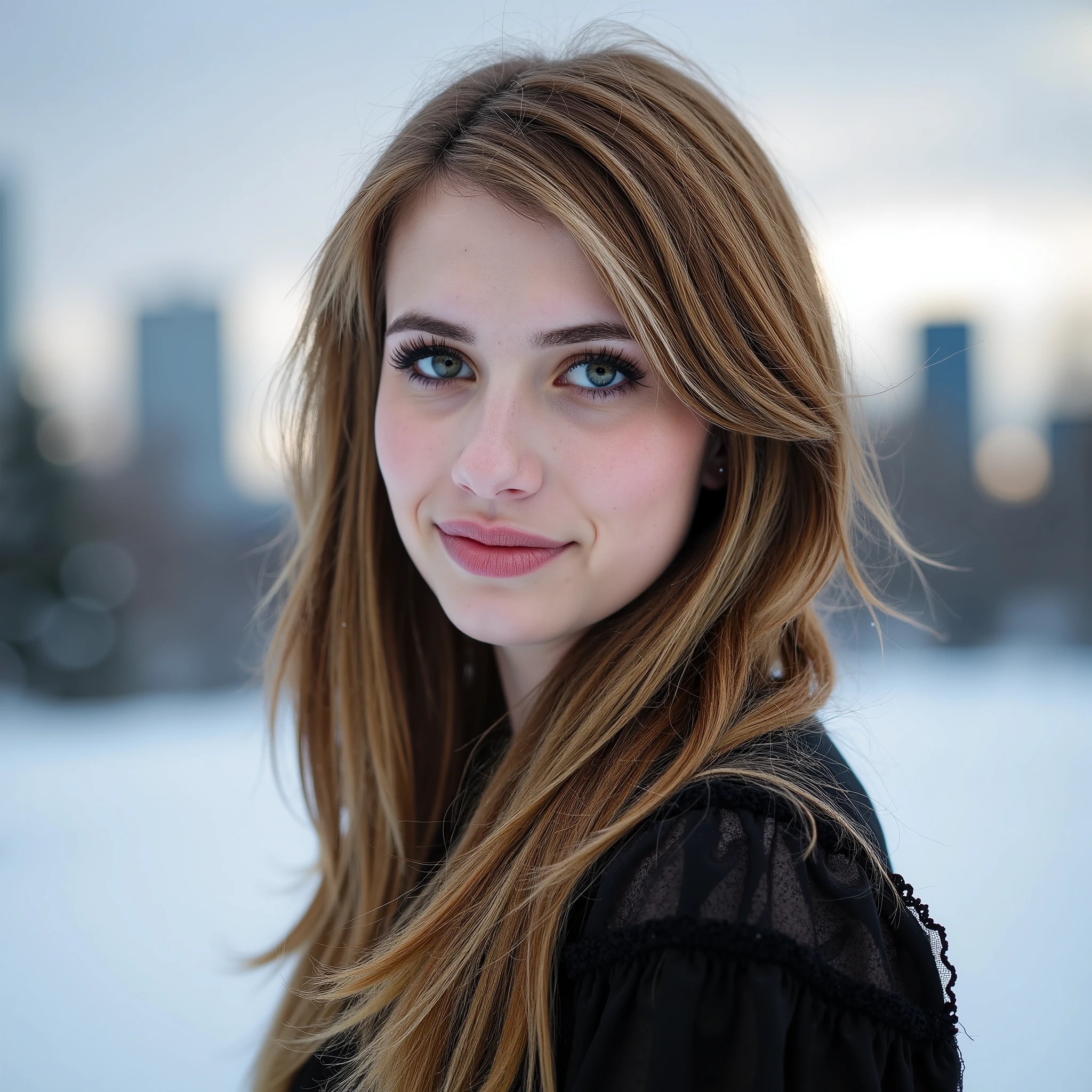 Breathtaking medium shot photography of ohwx, , Skyscraper,Immaculate snowfields glisten under the winter sun,Heavy rain clouds with lightning,soft lighting, dressed in a Victorian-inspired outfit with modern twists and bold makeup,upper body shot, smile, (upper body framing:1.3), sensual lips, eyelashes, (entirely visible beautiful hairstyle:1.2), fine hair detail, perfect eyes, iris pattern, eyes makeup, (perfectly sharp:1.3), (head to shoulders composition:1.4), realistic textures, (deep focus:1.1), negative space around subject, 8k uhd, dslr, ultra high quality image, film grain, Fujifilm XT3