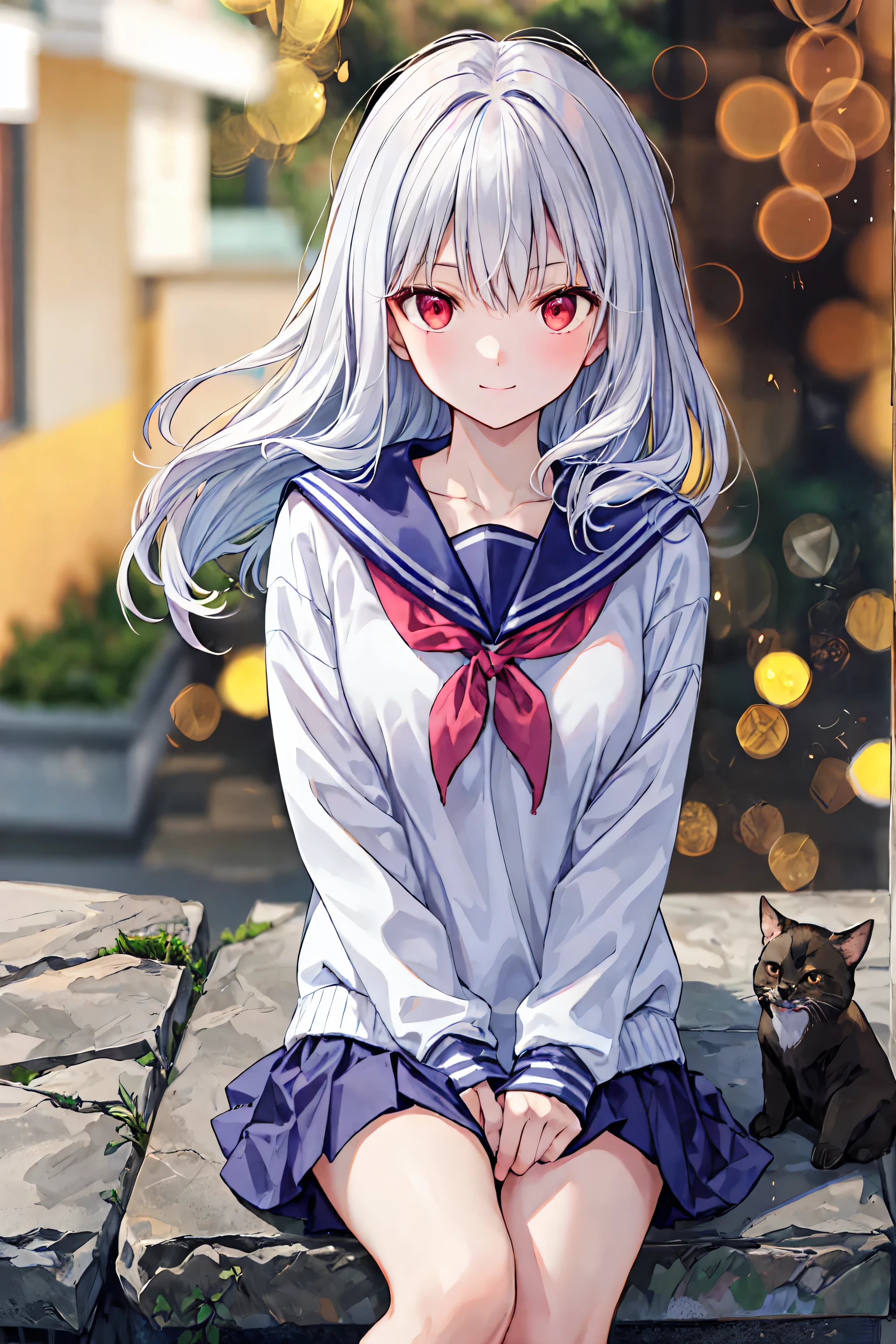 high definition raw color photos , professional shooting, ((((((Bokeh)))))), written border depth, captured with a sony α7c2,masterpiece,best quality,1 girl,Alone,outdoor,,viewers sitting and cumming,sailor suit,smile,ãã©ã¹ ,bungs,null,blue null,cloud,medium breasts,hair between his eyes,white hair,Red Eyes, with arms crossed on the back,Simple Clothes ,long hair, Hair