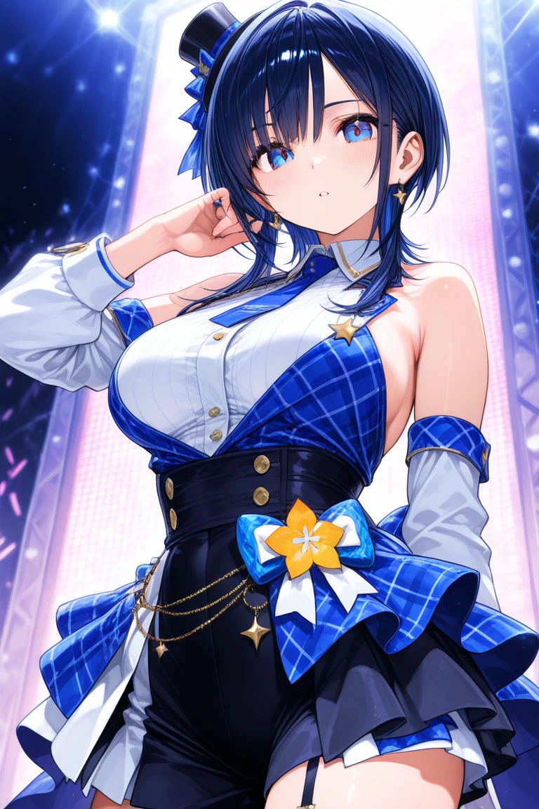 MIZUNOFUUKA, BLUE HAIR, BLACK HAIR, PONYTAIL, SCRUNCHIE, HAIR ORNAMENT, LONG HAIR, RED EYES,, large breasts,, Live Stage, solo, nsfw