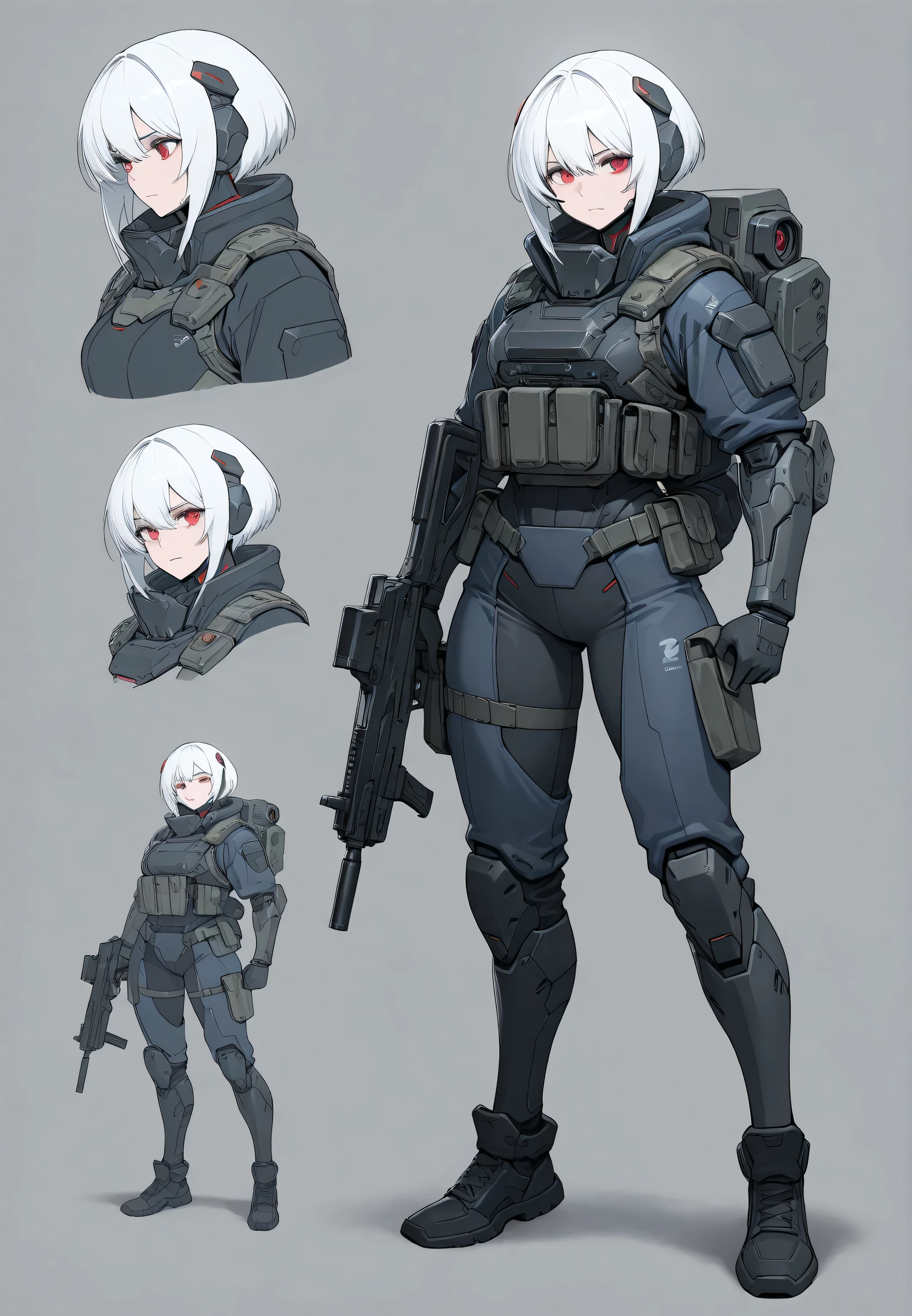 masterpiece,top quality, a woman in a futuristic suit holding a gun and a gun, mechanized soldier girl, cyberpunk anime girl mech, female mecha, female cyberpunk anime girl, dressed in tactical armor, wearing techwear and armor, sci - fi character, ( ( character concept art ) ), sci-fi female, epic sci-fi character art, epic sci - fi character art, red eyes, white hair